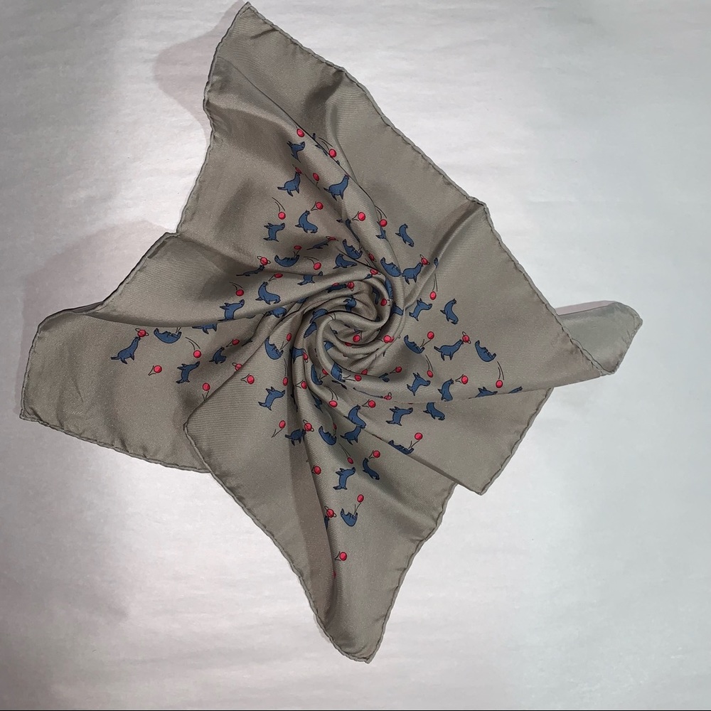 HERMÈS gray silk gavroche scarf  with playful blue seals with red ball motif